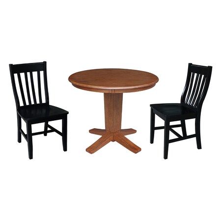 International Concepts 36 in. Solid Wood Round Top Pedestal Dining Table with 2 Chairs in Distressed Oak/Black K42-36RT-23-C46-61-2